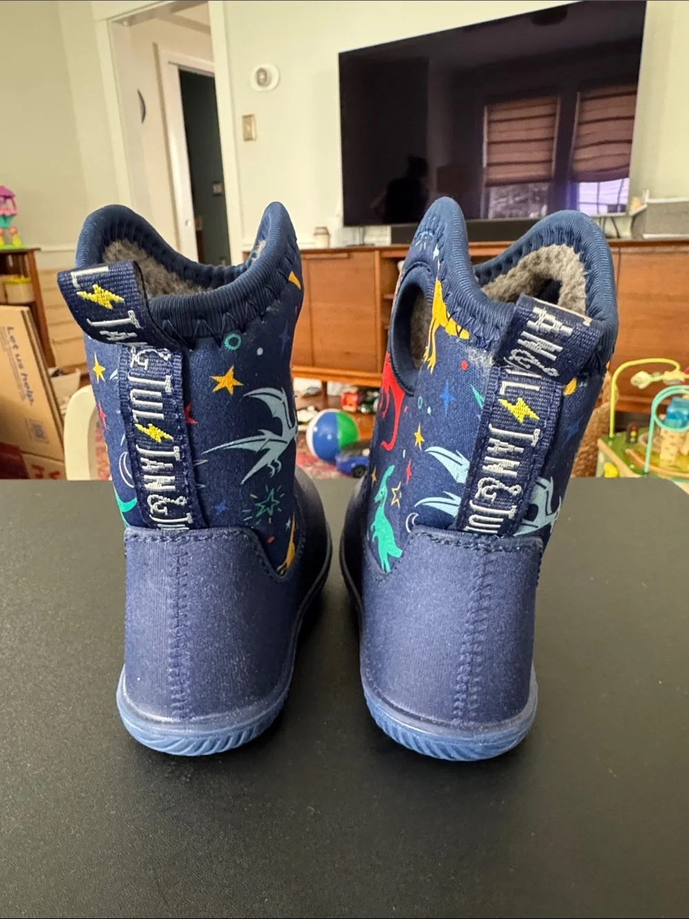 Kids Navy Blue Dino & Space Print Rain Boots with Easy-Grab Handles
